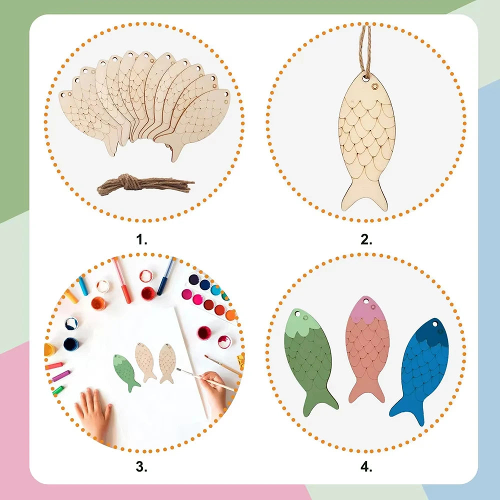 10pcs/set Fish Template Wooden Cutouts Unfinished Wooden Ornaments Blank Wooden Signs Wooden Cutouts with Rope for Home Hanging