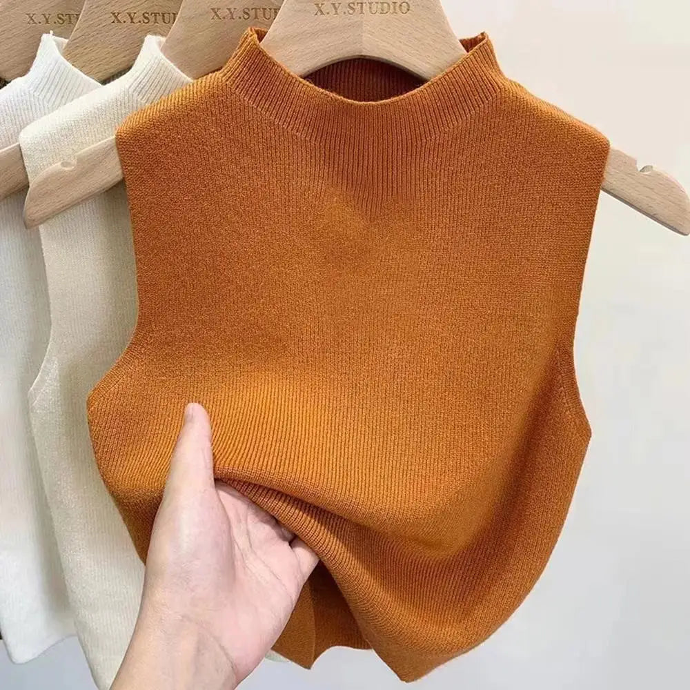 Hot Women's Vest Knitted Tank Top Solid Color Slim Sweater Half-turtleneck Spring Autumn Sleeveless T-Shirt Cropped Top Camisole