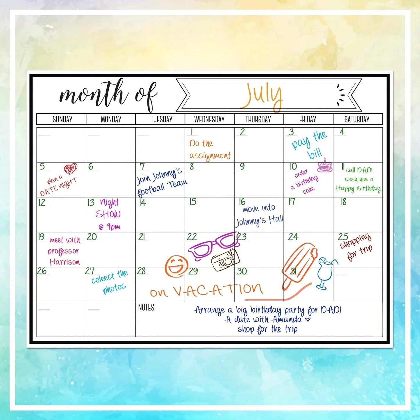 Blank Monthly Calendar Pad, Undated Wall/Desk Planner for Schedule & Vacation Planning, Summer Home & Office Organizer