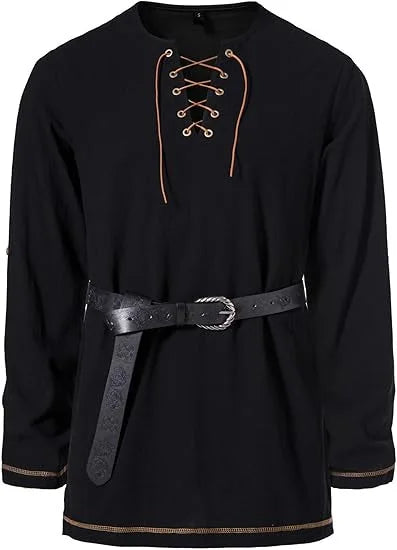 Men's Medieval Lace Up Tunic Shirt Renaissance Viking Pirate Costume Long Sleeve Retro Tops with Belt for Halloween Cosplay