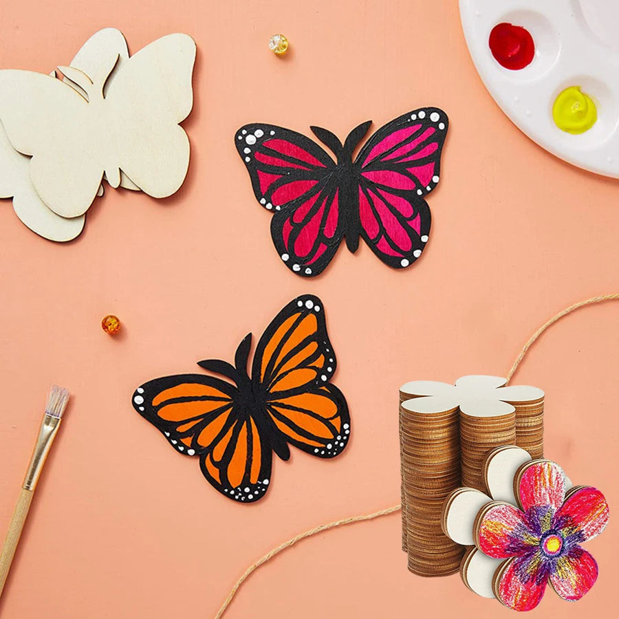 10pcs Butterfly Flower DIY Painting Wooden Crafts Wood Slices Ornaments For Birthday Wedding Party Table Decoration Kids Crafts