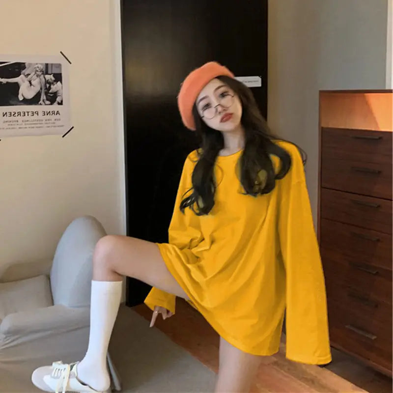 100%cotton Summer Tee T Shirt Women Kawaii T-Shirts Women 2025 Autumn Solid Simple Oversized Tshirt White Long Sleeve Tops
