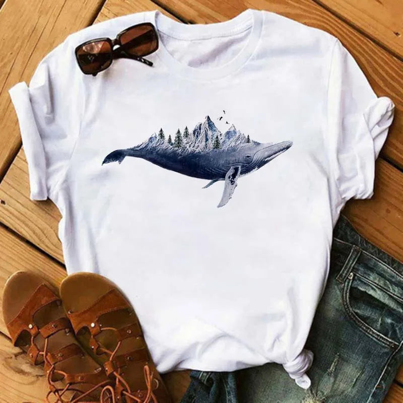 Women's Simple T-shirt Half Sleeve Colorful Flower Butterfly Art Feather Print Short Sleeve T-shirt Tops  Oversized T Shirt