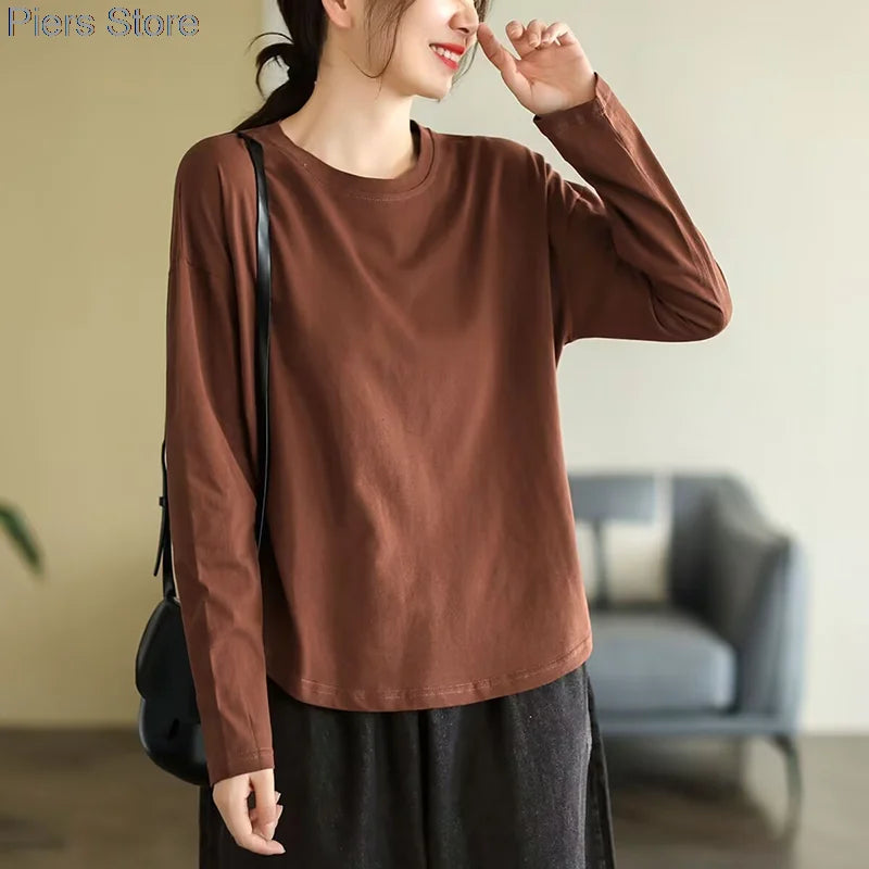 100%cotton Summer Tee T Shirt Women Kawaii T-Shirts Women 2025 Autumn Solid Simple Oversized Tshirt White Long Sleeve Tops