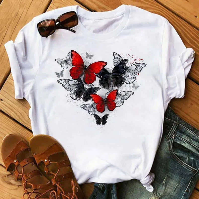 Women's Simple T-shirt Half Sleeve Colorful Flower Butterfly Art Feather Print Short Sleeve T-shirt Tops  Oversized T Shirt
