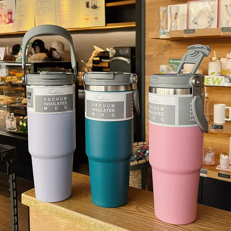 30oz Thermal Cup Stainless Steel Water Bottle with Straw Leakproof Car Tumbler Vacuum Insulated Flask for Outdoor Sports Gym