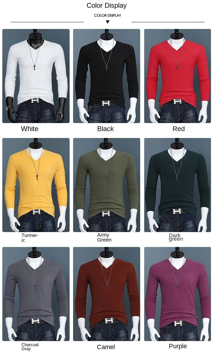 Harajuku Fashion 2023 New Men's V-neck T-shirt Crossfit Pure Color Slim Long Sleeve Tee Classic Oversized Oversized T Shirt