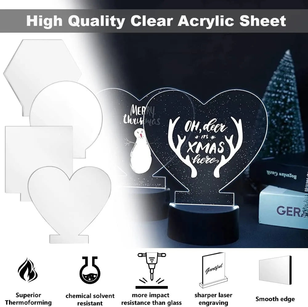 10 Shape Acrylic Sheet Cast Round Square Heart Clear Board for LED Light Base,Crafts,Sign DIY Display Projects,Laser Engraving