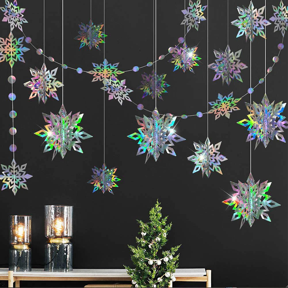4M Silver Iridescent Paper Garland Star Round String Banners Wedding Birthday Party Home Hanging Decorations Baby Shower Favors