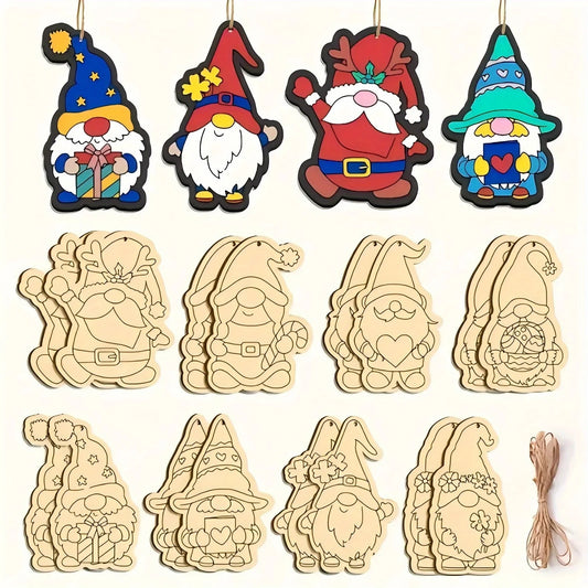 16pcs/set Elf Gnome Series Wooden Hanging Craft Kit DIY Painting Crafts for Merry Christmas Home Party Decoration Supplies