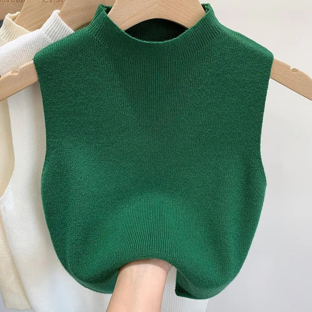 Hot Women's Vest Knitted Tank Top Solid Color Slim Sweater Half-turtleneck Spring Autumn Sleeveless T-Shirt Cropped Top Camisole
