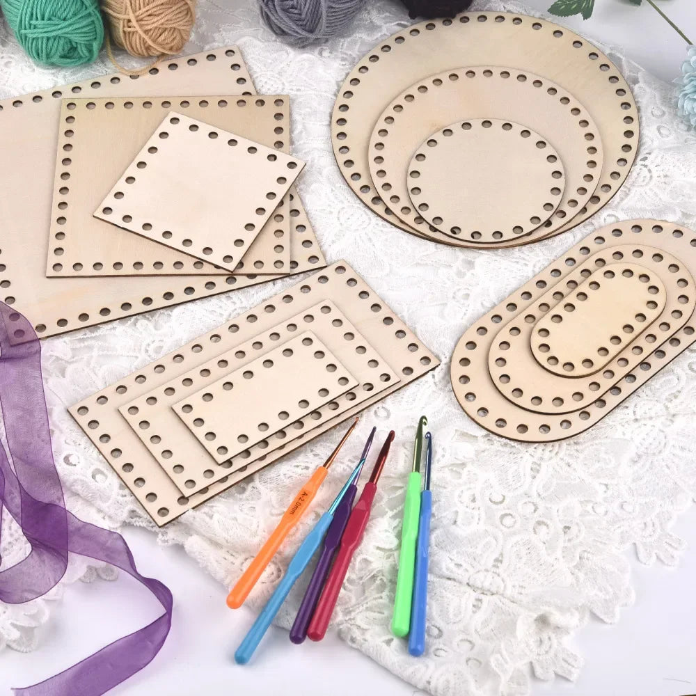 3pcs Wooden Crochet Basket Base Round Square Rectangle Ellipse Bottom Crochet Basket Hand-Woven DIY Crafts Supplies Making Tools