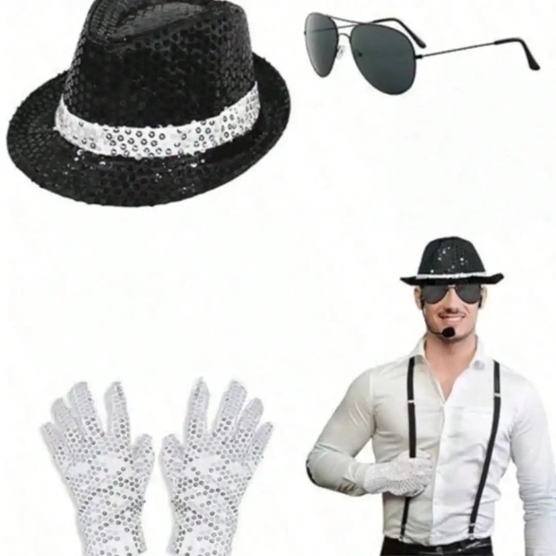 Michael Jackson Costume Accessories Set - Sequin Fedora Hat + Rhinestone Gloves + Aviator Sunglasses, Halloween Cosplay Party Dr