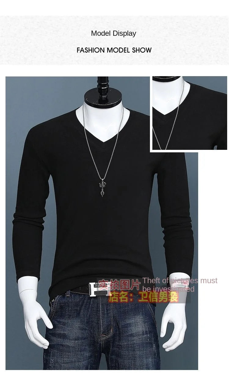 Harajuku Fashion 2023 New Men's V-neck T-shirt Crossfit Pure Color Slim Long Sleeve Tee Classic Oversized Oversized T Shirt