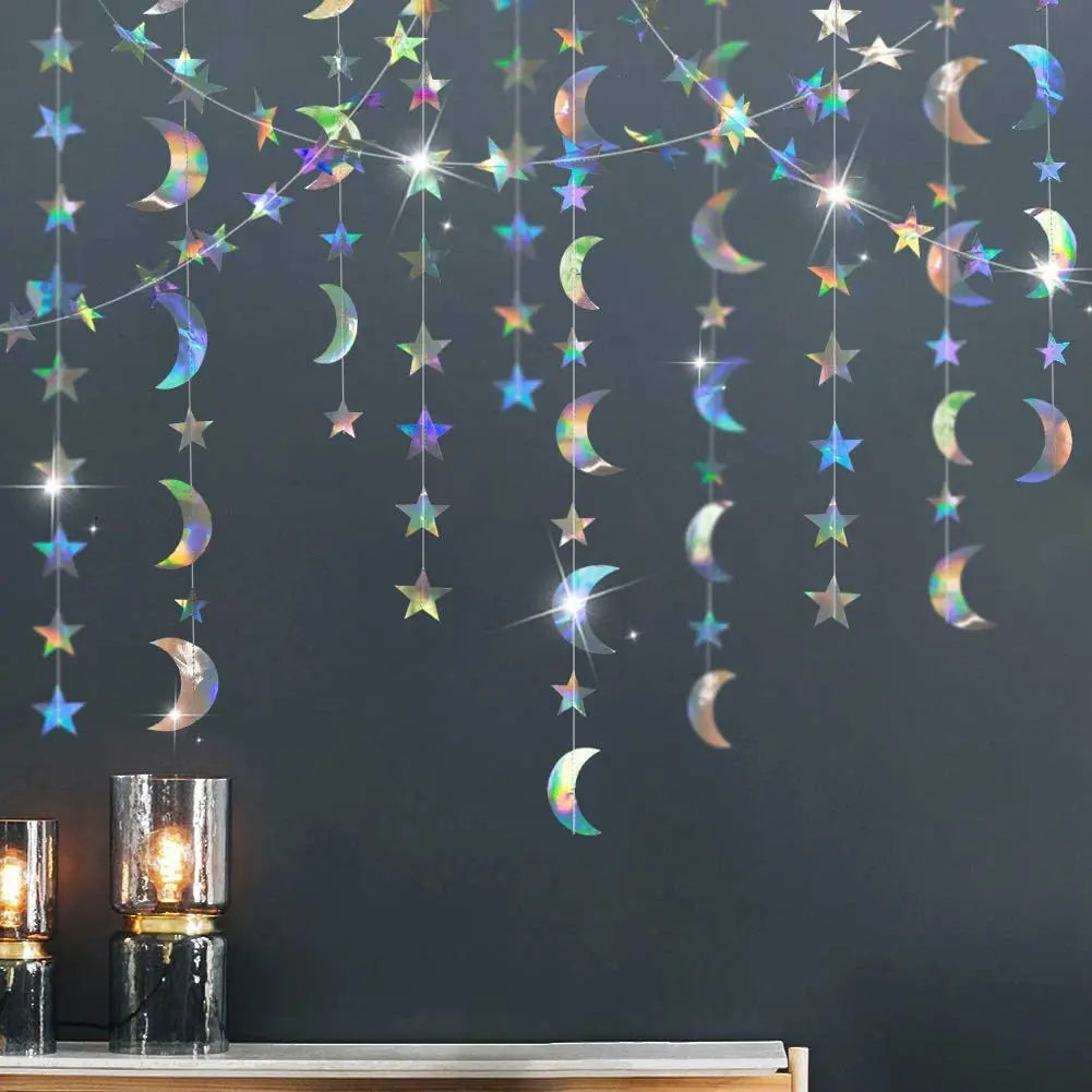 4M Silver Iridescent Paper Garland Star Round String Banners Wedding Birthday Party Home Hanging Decorations Baby Shower Favors