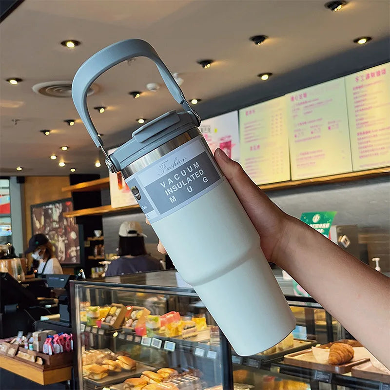 30oz Thermal Cup Stainless Steel Water Bottle with Straw Leakproof Car Tumbler Vacuum Insulated Flask for Outdoor Sports Gym