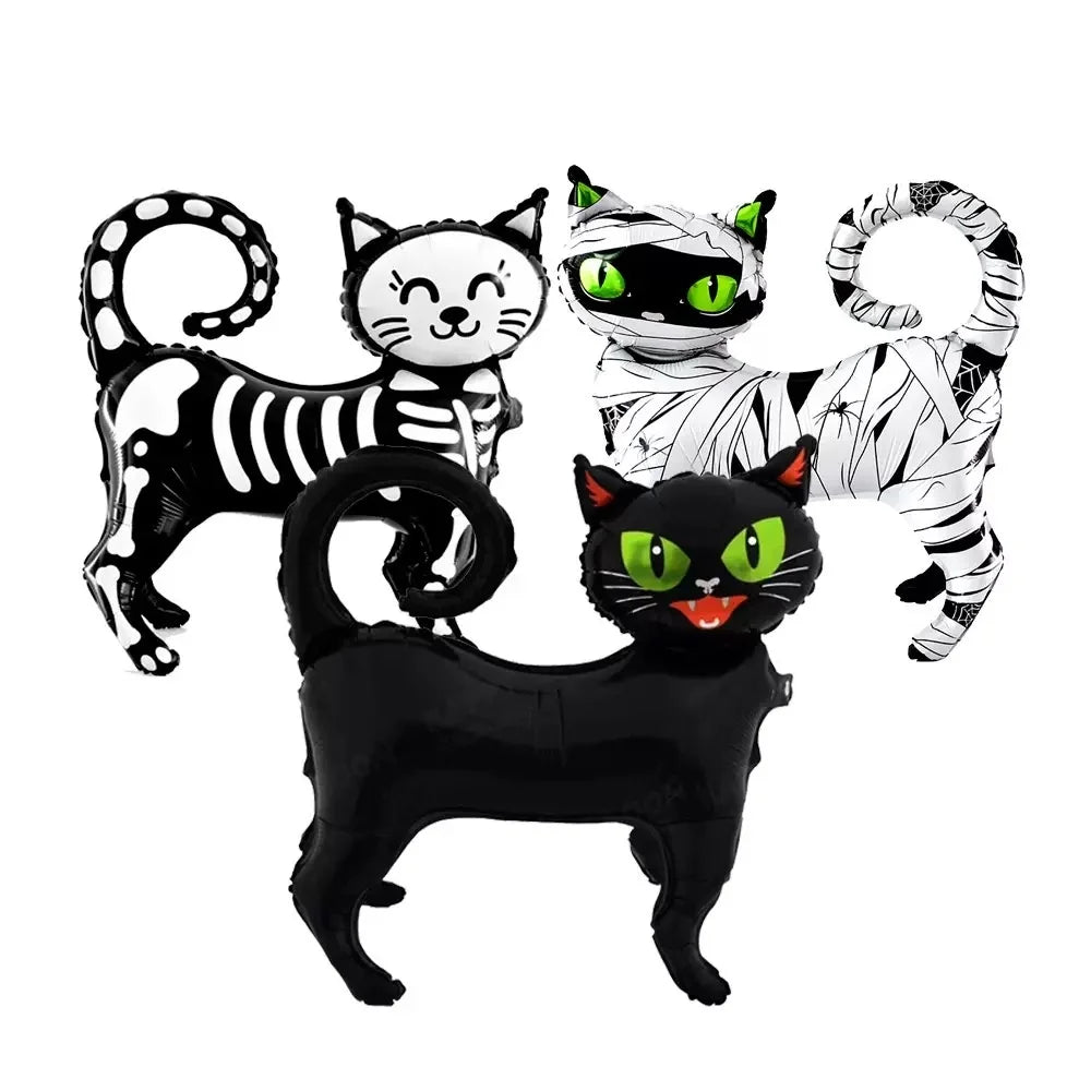 Halloween party decoration with black cat, aluminum foil balloons, 4D standing cartoon, green eyed cat, binding cloth design, Gh
