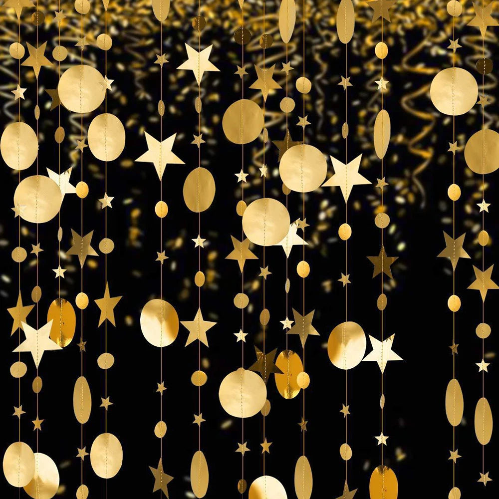 4M Silver Iridescent Paper Garland Star Round String Banners Wedding Birthday Party Home Hanging Decorations Baby Shower Favors