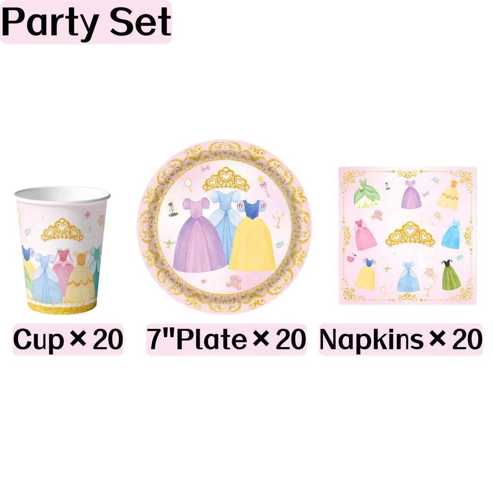 Princess Birthday Party Decorations Kit Paper Cup Plate Napkin Tablecloth  Banner Pink Party Supplies Disposable Dinnerware Set
