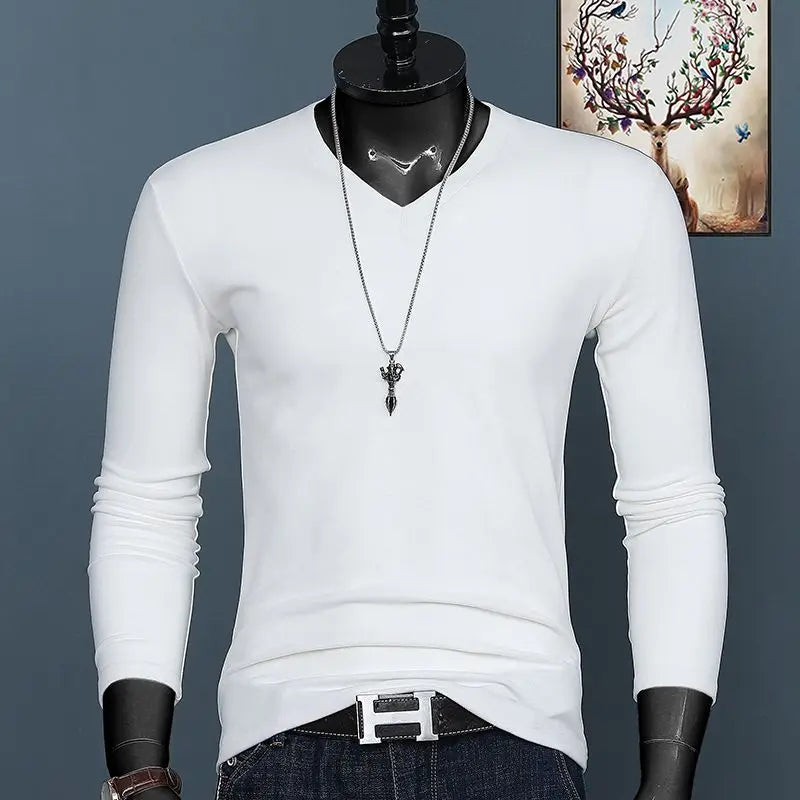 Harajuku Fashion 2023 New Men's V-neck T-shirt Crossfit Pure Color Slim Long Sleeve Tee Classic Oversized Oversized T Shirt