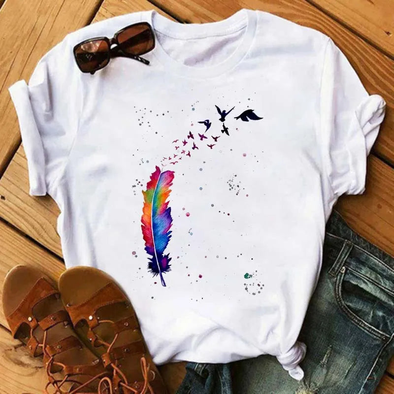 Women's Simple T-shirt Half Sleeve Colorful Flower Butterfly Art Feather Print Short Sleeve T-shirt Tops  Oversized T Shirt