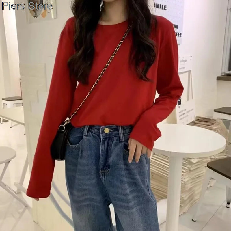 100%cotton Summer Tee T Shirt Women Kawaii T-Shirts Women 2025 Autumn Solid Simple Oversized Tshirt White Long Sleeve Tops