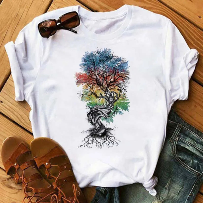Women's Simple T-shirt Half Sleeve Colorful Flower Butterfly Art Feather Print Short Sleeve T-shirt Tops  Oversized T Shirt