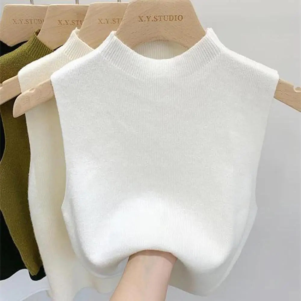 Hot Women's Vest Knitted Tank Top Solid Color Slim Sweater Half-turtleneck Spring Autumn Sleeveless T-Shirt Cropped Top Camisole