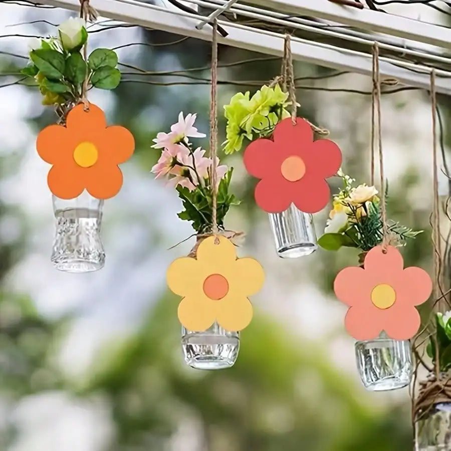 15/30PCS Wooden Carved Flowers with Hemp Rope DIY Handmade Decorations for Home Birthday Wedding Party Garden Summer Theme Famil