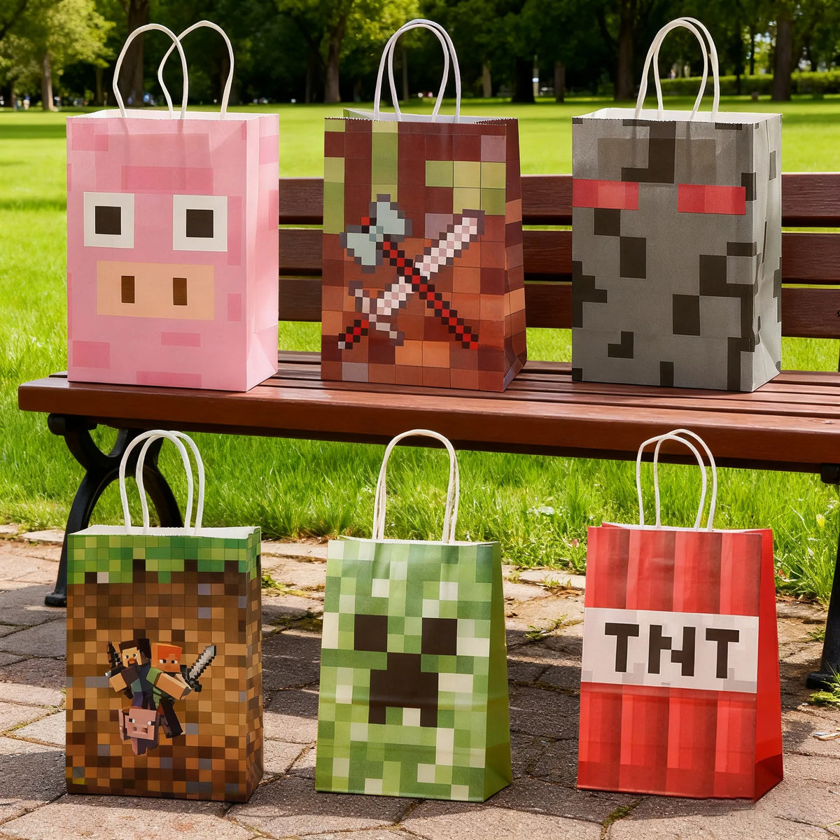 NEW Minecraft Themed Steve Creeper Lawn Handles Kraft Paper Gift Bags Birthday Party Goodie Treat Bags Pixel Game Party Supplies