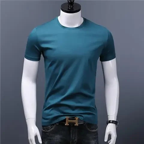 Men's Casual Turtleneck T-Shirts Short Sleeve Solid Slim Fit Silk High Neck Tops Inner Wear Trendy Round Neck Base Layer Shirt