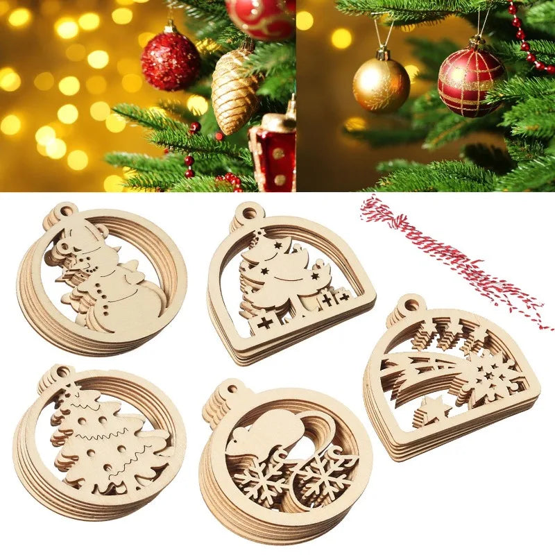 10 Wooden Christmas Ornaments for Year Decorations, Handmade Pendants for Party and Holiday Decoration