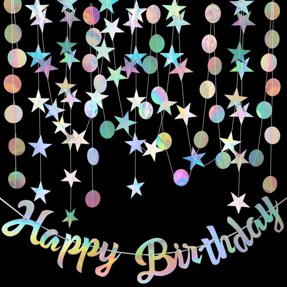 4M Silver Iridescent Paper Garland Star Round String Banners Wedding Birthday Party Home Hanging Decorations Baby Shower Favors