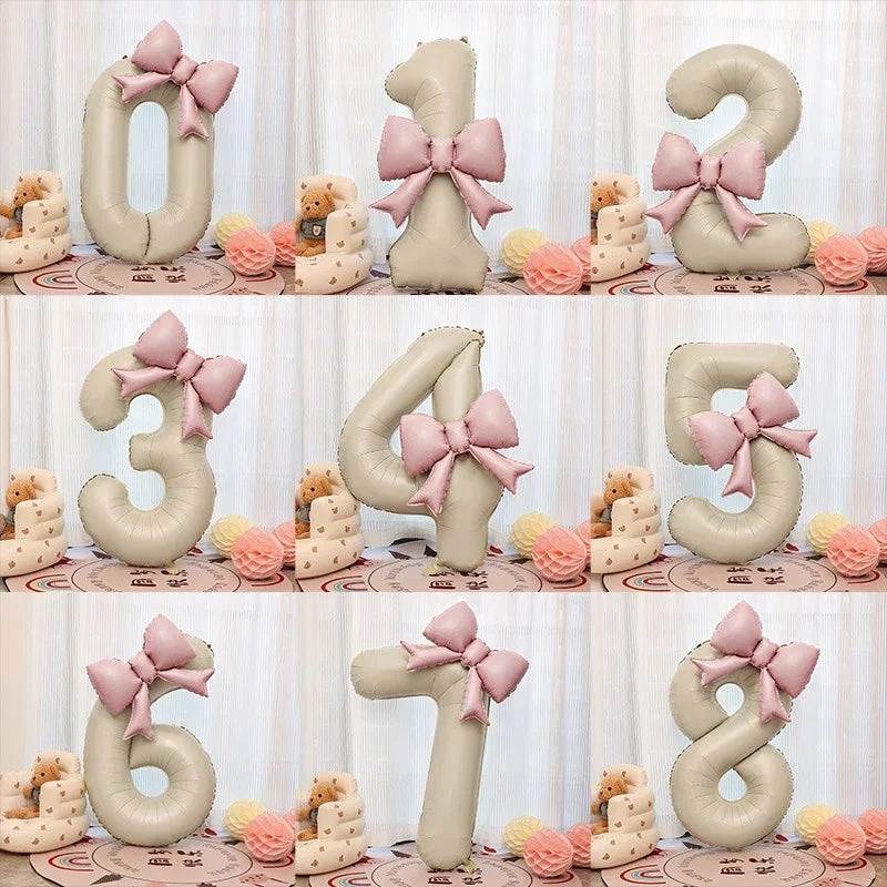 1pc Large Number Pink Foil Balloon With Bow 1 2 3 4 5 6 7 8 9 For Wedding Birthday Party Ballons Jumbo Number Balloon