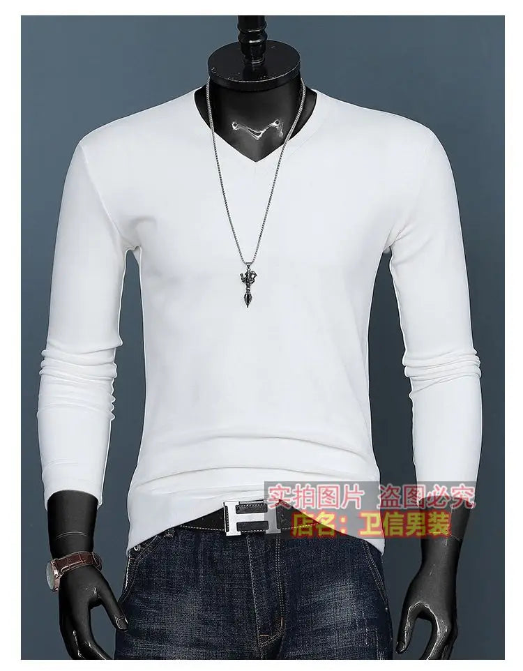 Harajuku Fashion 2023 New Men's V-neck T-shirt Crossfit Pure Color Slim Long Sleeve Tee Classic Oversized Oversized T Shirt