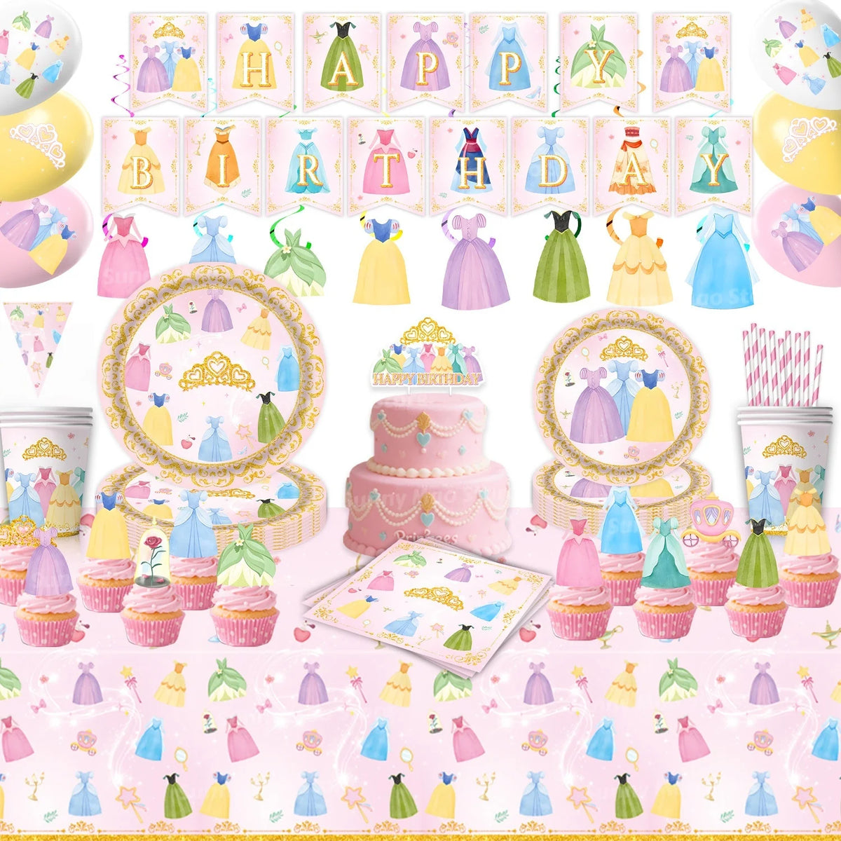 Princess Birthday Party Decorations Kit Paper Cup Plate Napkin Tablecloth  Banner Pink Party Supplies Disposable Dinnerware Set