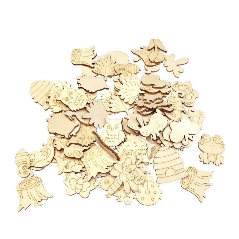 50Pcs Forest Animals Theme Unfinished Wood Craft Owl Rabbit Butterfly Lizard Mushroom Tree Trunk Shape Blank Wooden Cutout