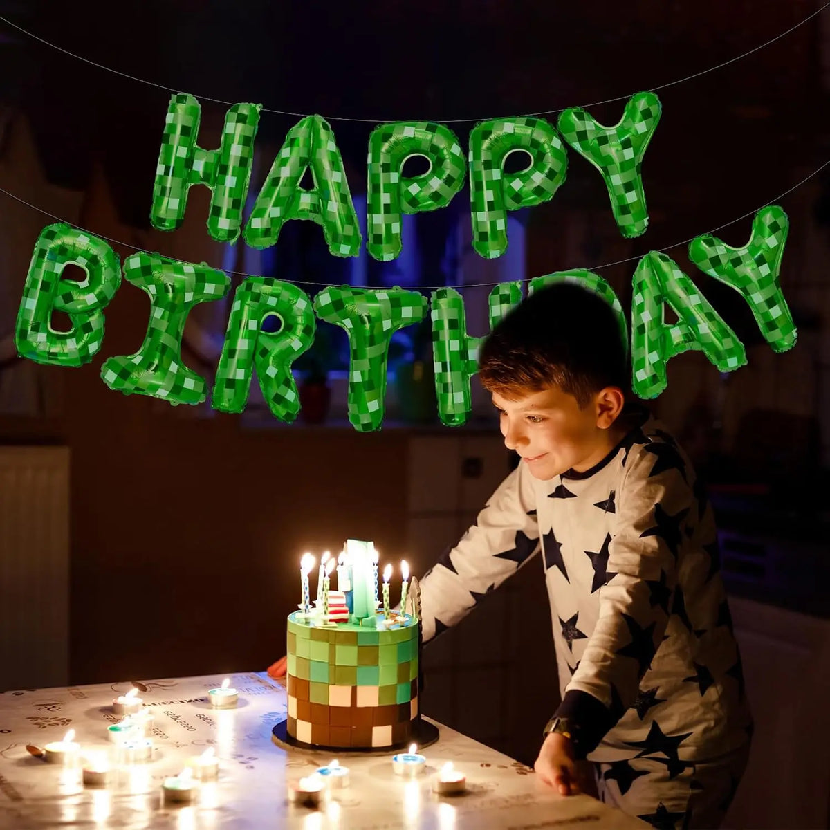 Green Pixel Themed Happy Birthday Banner Party Decorations Kit with Pixel Balloons,TNT Pixel Backdrop Supplies for Boys Kids