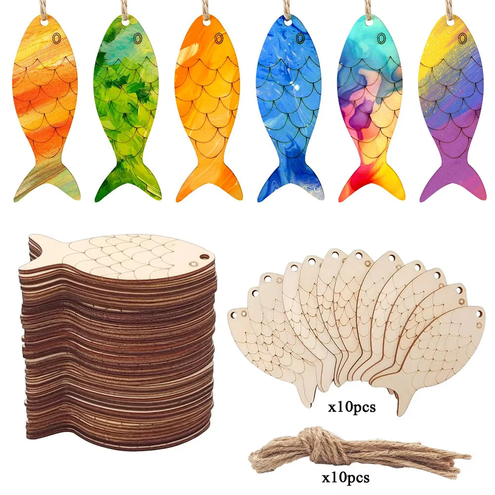 10pcs/set Fish Template Wooden Cutouts Unfinished Wooden Ornaments Blank Wooden Signs Wooden Cutouts with Rope for Home Hanging