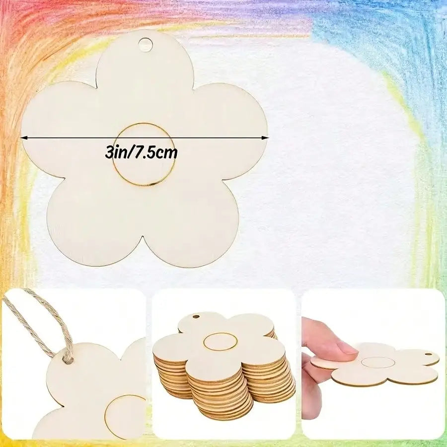 15/30PCS Wooden Carved Flowers with Hemp Rope DIY Handmade Decorations for Home Birthday Wedding Party Garden Summer Theme Famil
