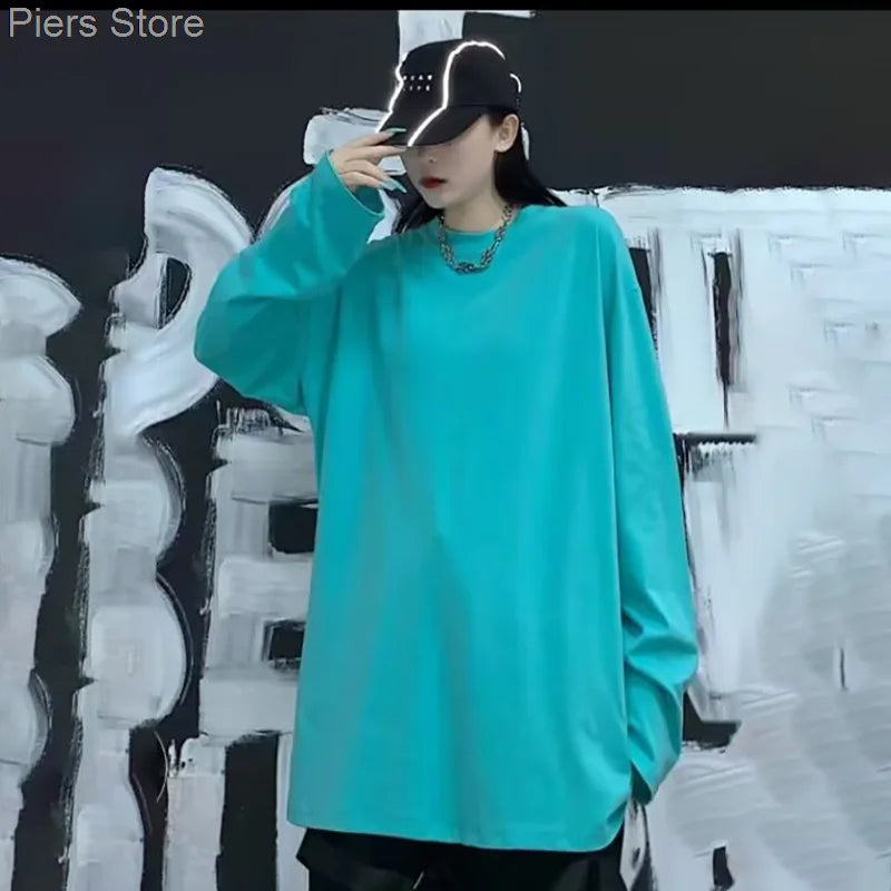 100%cotton Summer Tee T Shirt Women Kawaii T-Shirts Women 2025 Autumn Solid Simple Oversized Tshirt White Long Sleeve Tops