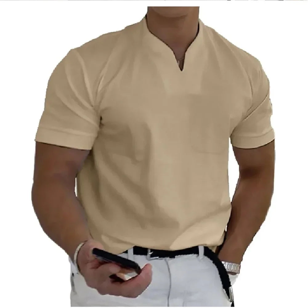 2026 Summer New Men Fashion Trend T-shirt Short Sleeve V-neck Top Elastic Cotton Fitness Sports Loose Large Size Clothing