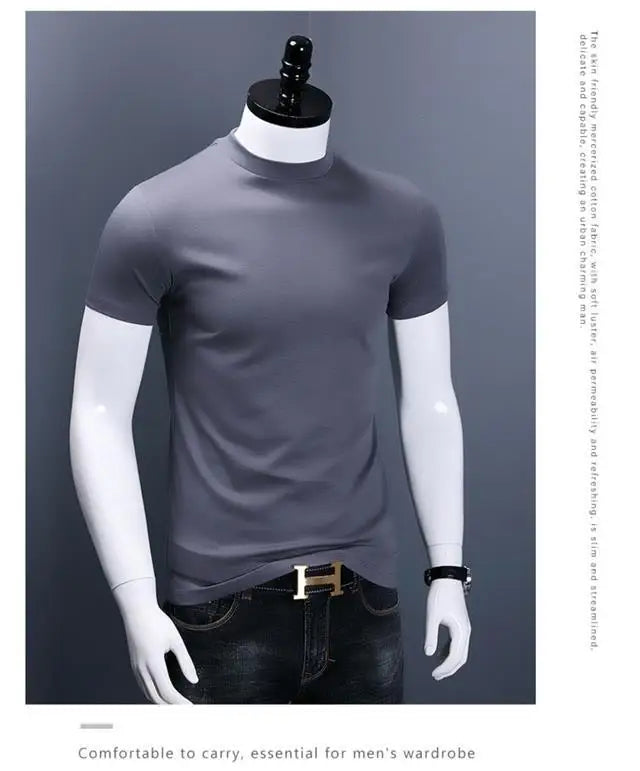 Men's Casual Turtleneck T-Shirts Short Sleeve Solid Slim Fit Silk High Neck Tops Inner Wear Trendy Round Neck Base Layer Shirt