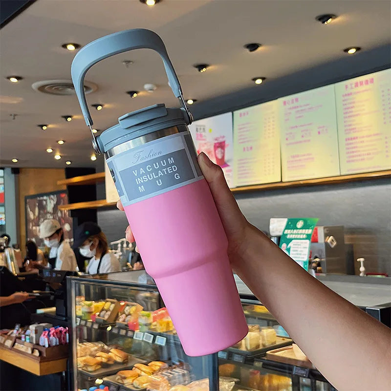 30oz Thermal Cup Stainless Steel Water Bottle with Straw Leakproof Car Tumbler Vacuum Insulated Flask for Outdoor Sports Gym