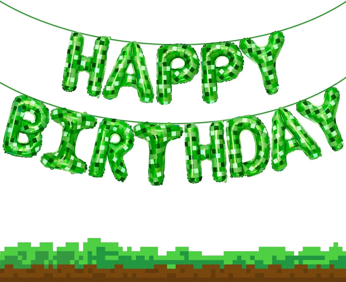 Green Pixel Themed Happy Birthday Banner Party Decorations Kit with Pixel Balloons,TNT Pixel Backdrop Supplies for Boys Kids