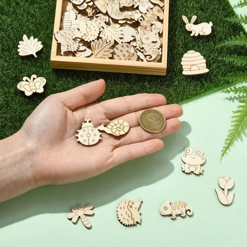 50Pcs Forest Animals Theme Unfinished Wood Craft Owl Rabbit Butterfly Lizard Mushroom Tree Trunk Shape Blank Wooden Cutout