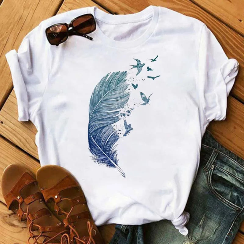 Women's Simple T-shirt Half Sleeve Colorful Flower Butterfly Art Feather Print Short Sleeve T-shirt Tops  Oversized T Shirt