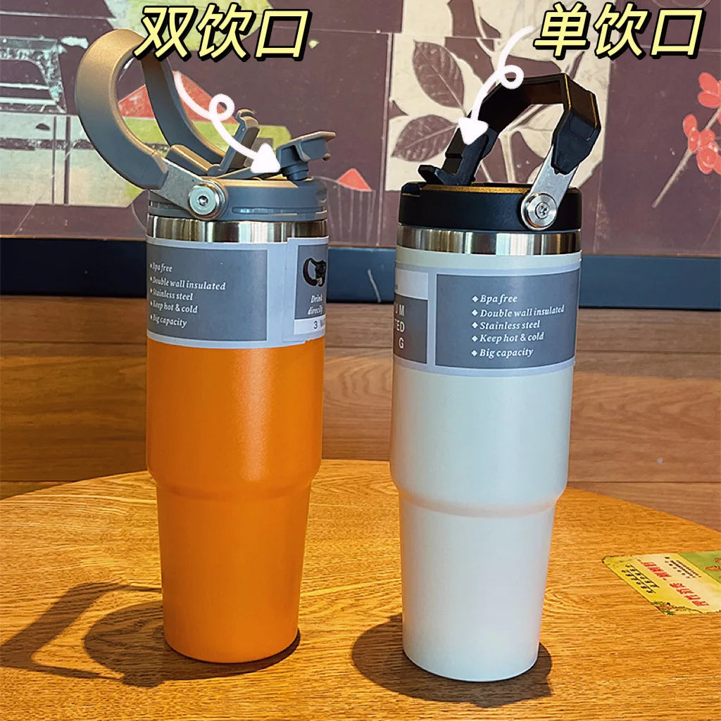 30oz Thermal Cup Stainless Steel Water Bottle with Straw Leakproof Car Tumbler Vacuum Insulated Flask for Outdoor Sports Gym