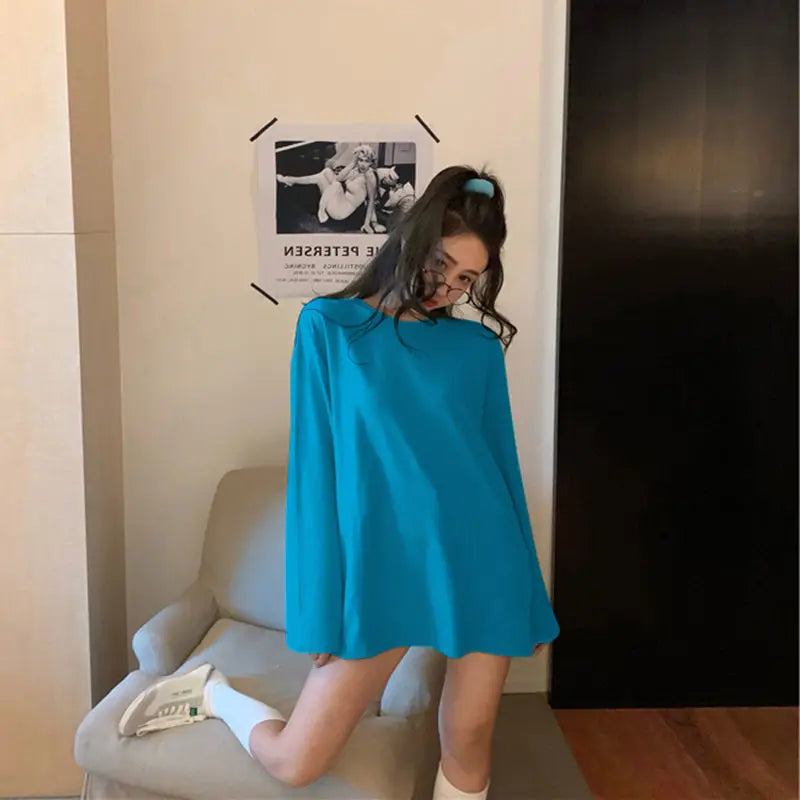 100%cotton Summer Tee T Shirt Women Kawaii T-Shirts Women 2025 Autumn Solid Simple Oversized Tshirt White Long Sleeve Tops