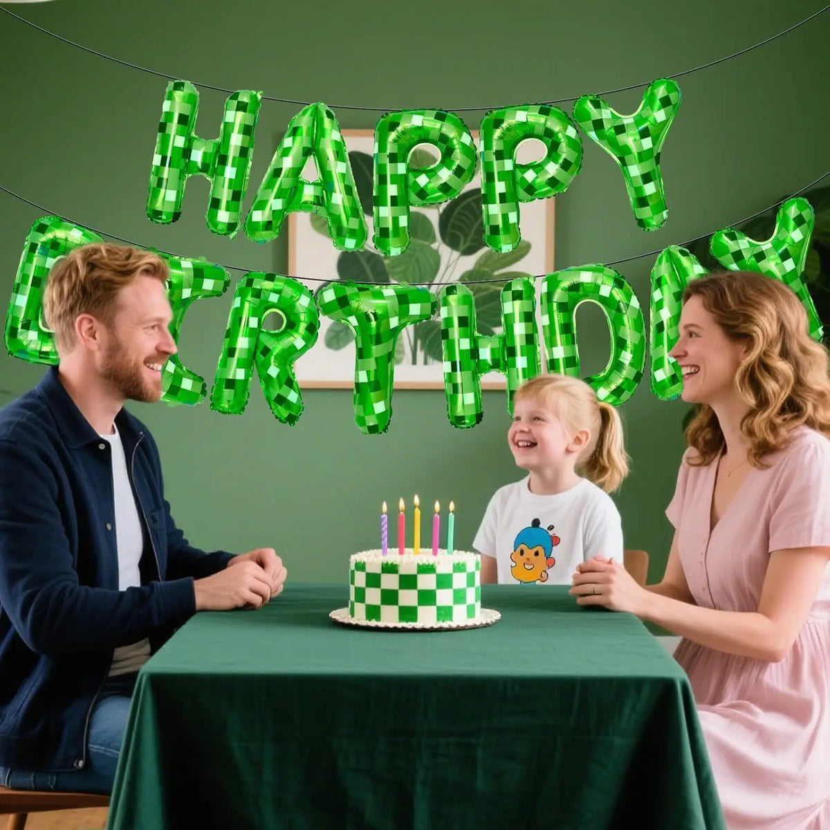 Green Pixel Themed Happy Birthday Banner Party Decorations Kit with Pixel Balloons,TNT Pixel Backdrop Supplies for Boys Kids
